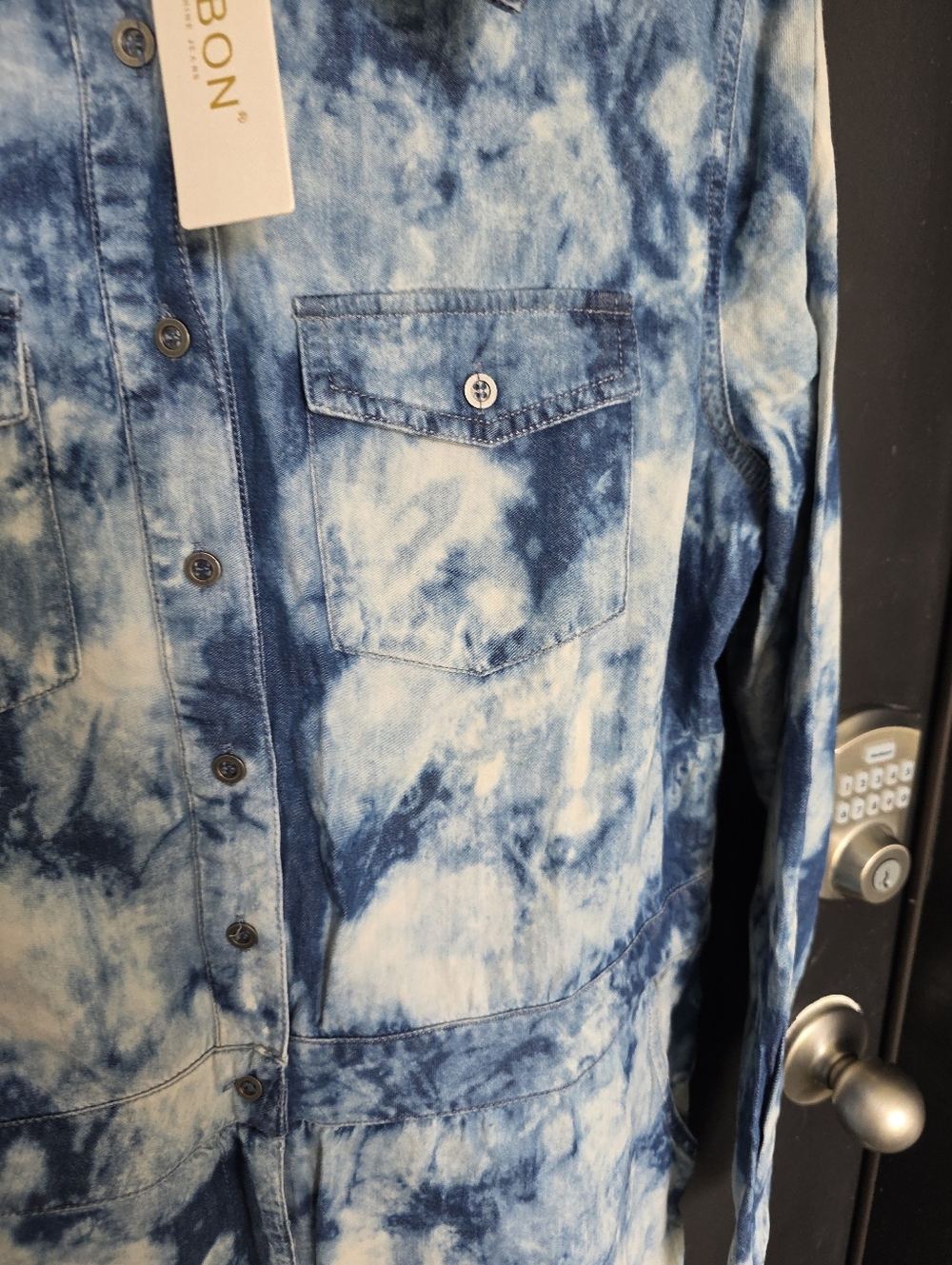 Mebon Women Tie Dye Denim Romper Blue Button Up Sz L Utility Style Long Sleeve - Picture 7 of 11